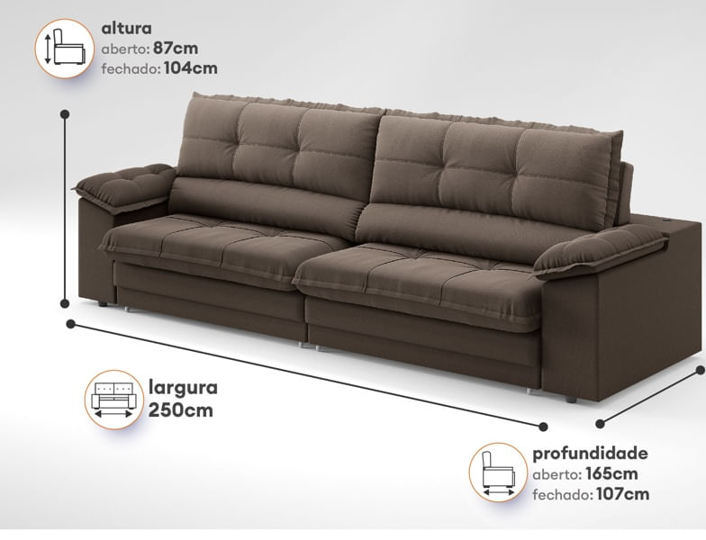 Sofá com Carregador USB Retrátil Reclinável Montreal 250cm