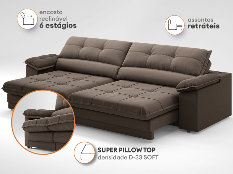 Sofá com Carregador USB Retrátil Reclinável Montreal 250cm