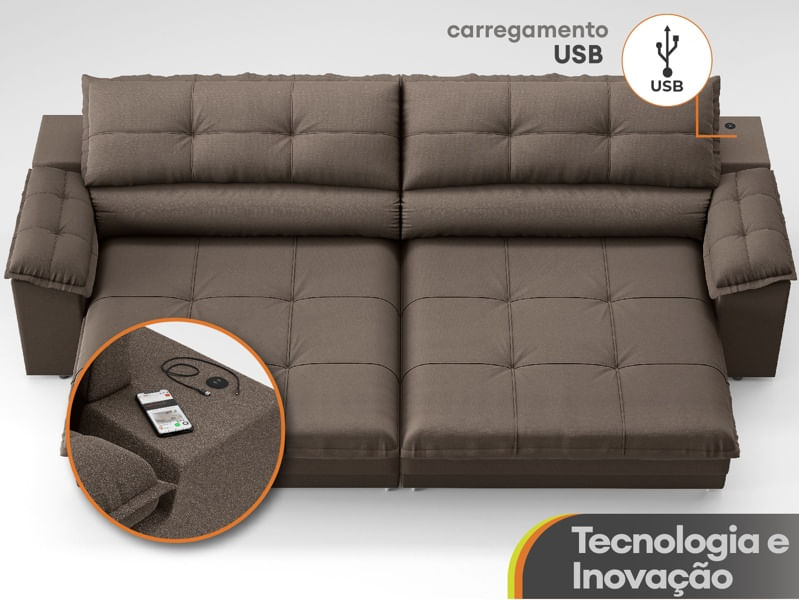Sofá com Carregador USB Retrátil Reclinável Montreal 250cm