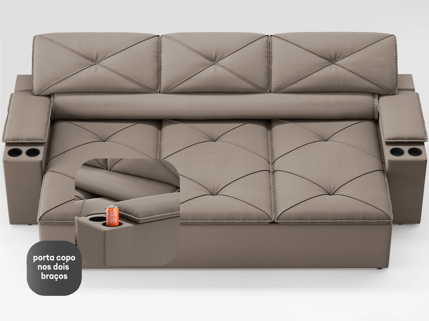 Sofá com Porta Copos Retrátil e Reclinável Pop 205cm Velosuede