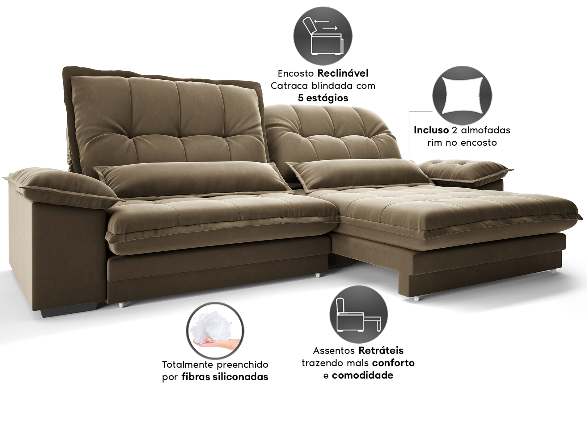 Sofá Retrátil e Reclinável Bergamo 210cm Veludocristal - Netsofás