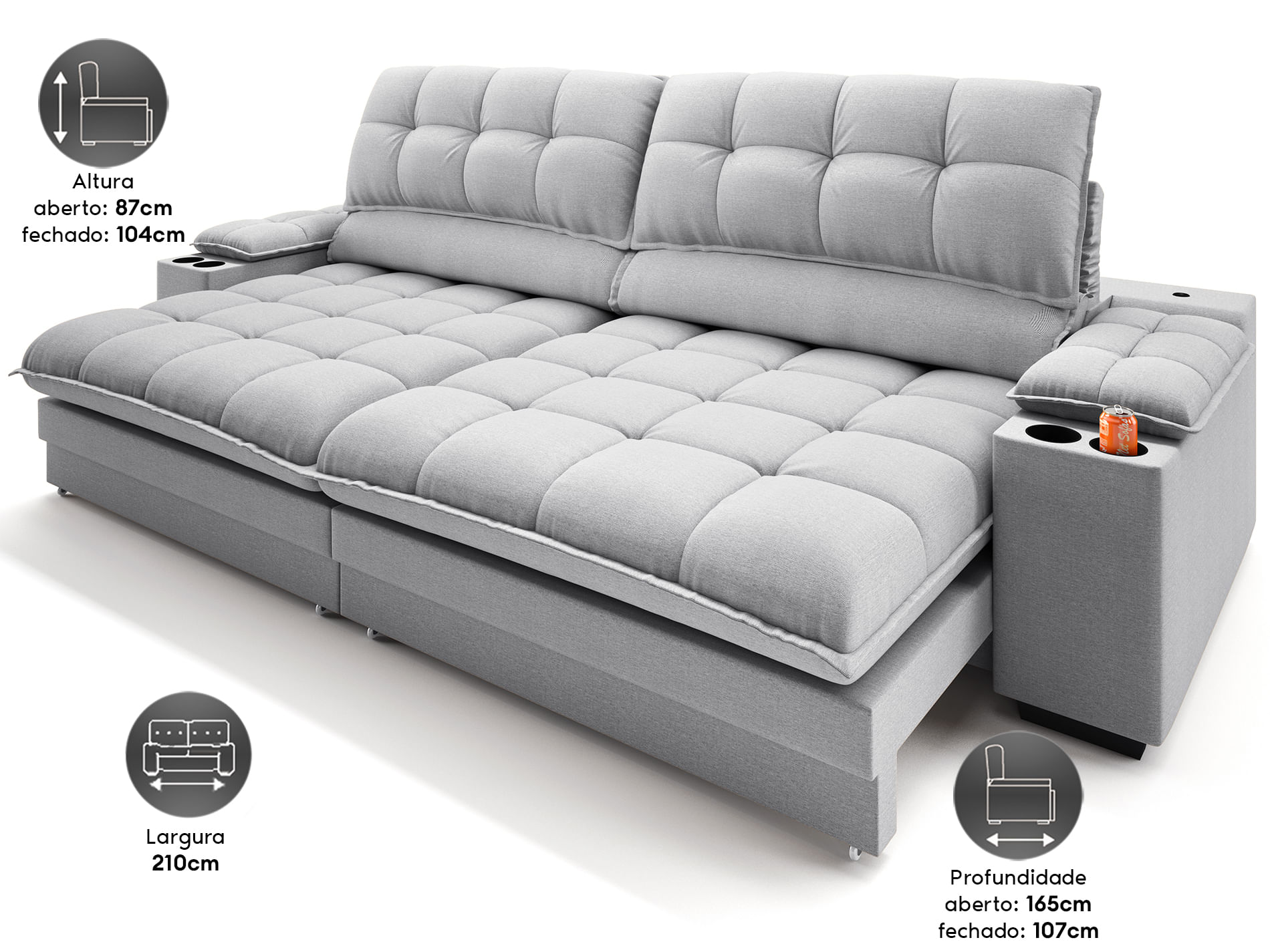 ★希少★Kashwere at  7'sofa Sofá com Porta Copos e Carregador USB Retrátil e Reclinável Luke