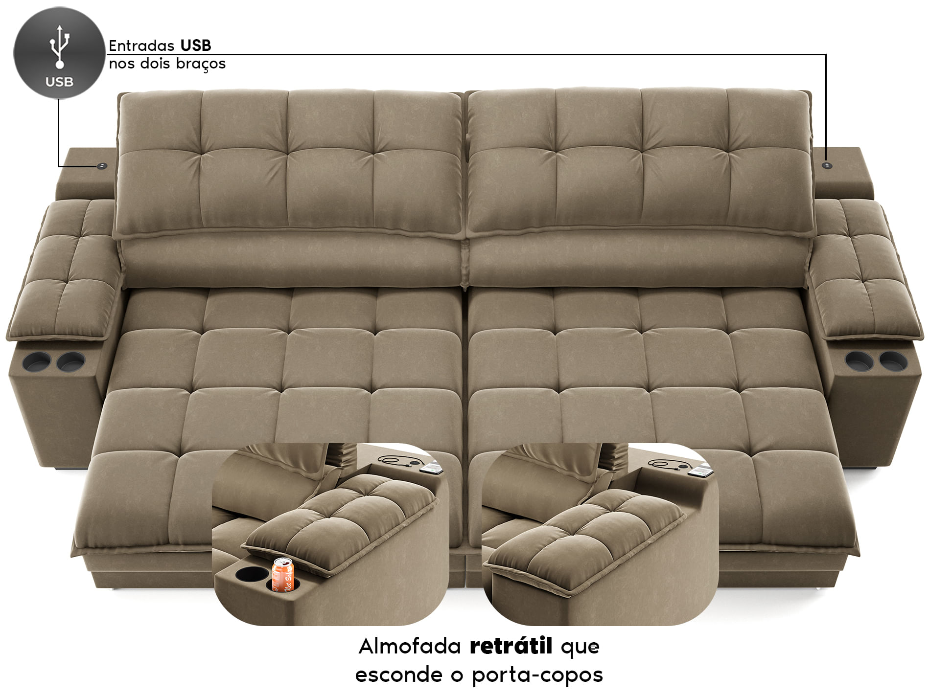 Sofá com Porta Copos e Carregador USB Retrátil e Reclinável Luke