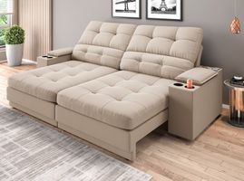 Sofá com Porta Copos e Carregador Usb Eureka 2,00m Assento Retrátil e Reclinável Velosuede