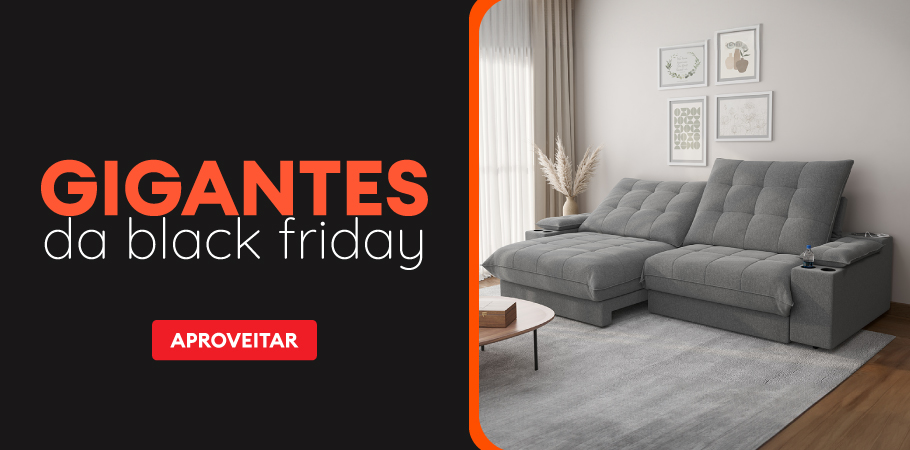 Anúncio de Black Friday com foco em móveis gigantes, sofá grande cinza em uma sala moderna, promovendo ofertas imperdíveis na Black Friday.