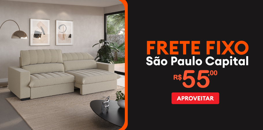 Imagem de uma sala moderna com sofá bege, decoração minimalista e janela com vista para o jardim, promovendo frete fixo em São Paulo para móveis de alta qualidade.