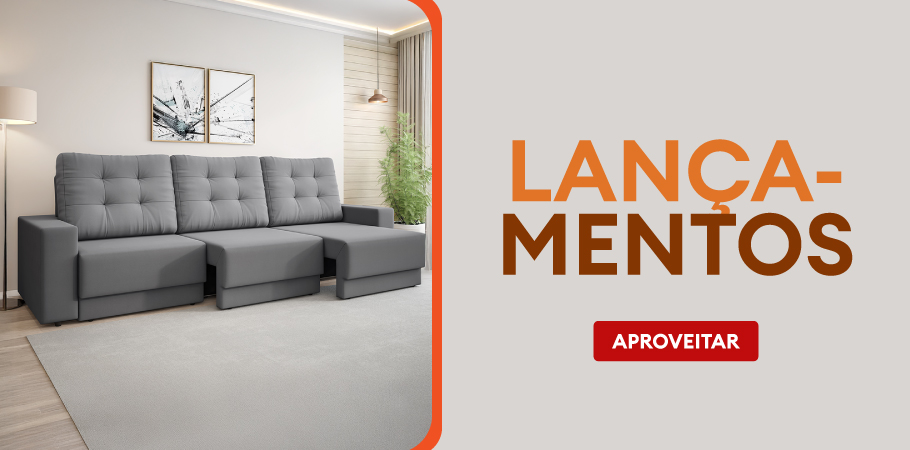 Sofá retrátil cinza moderno em sala de estar elegante, com destaque para lançamentos de móveis e botão "Aproveitar" em destaque. Banner promocional de lançamentos de estofados.