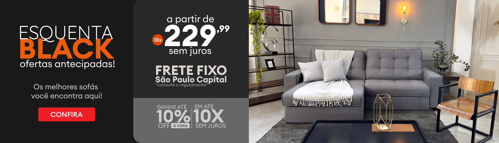 Imagem de uma sala de estar moderna com sofá cinza, mesa de centro preta e decorações minimalistas, ideal para decoração de interiores.