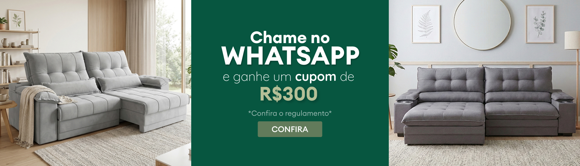 Imagem de dois sofás modernos e confortáveis em ambientes internos bem iluminados, promovendo móveis de alta qualidade para sua casa.